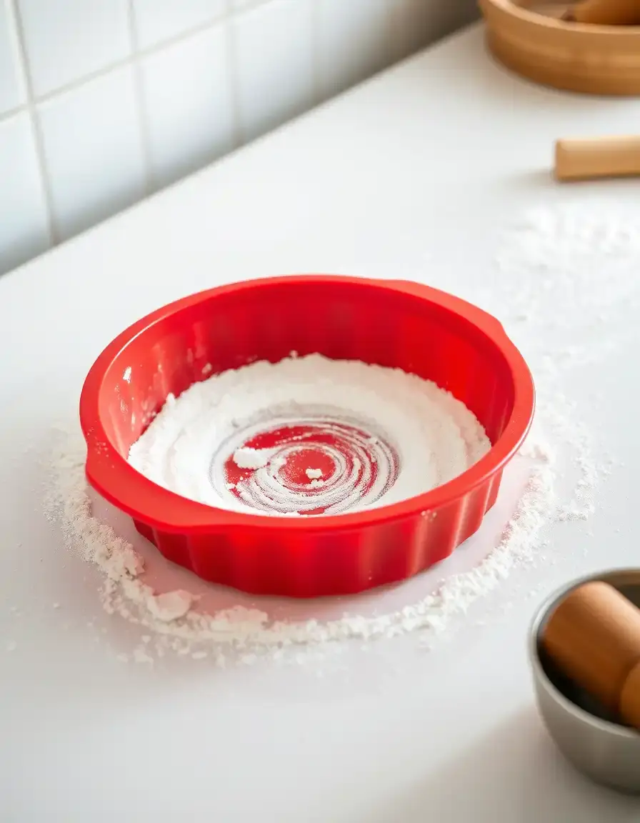 Rote, flexible Silikon-Kuchenform auf einer bemehlten Arbeitsfläche