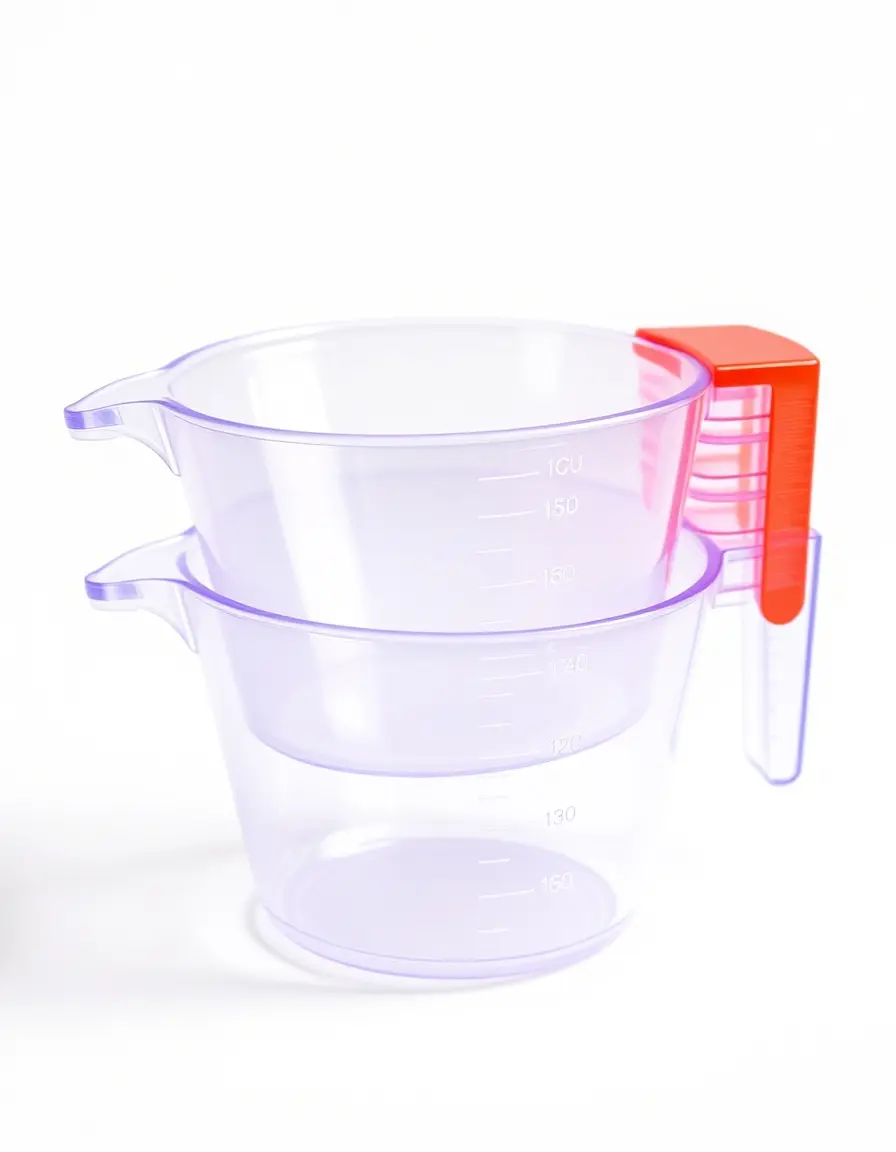 Farbenfrohes Set aus Kunststoff-Messbechern für präzises Backen