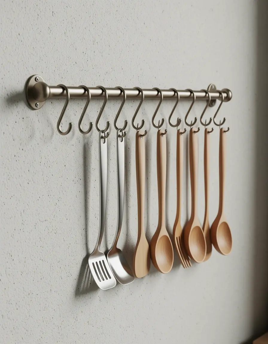 Wandreling mit Haken für Küchenutensilien an der L-Wand