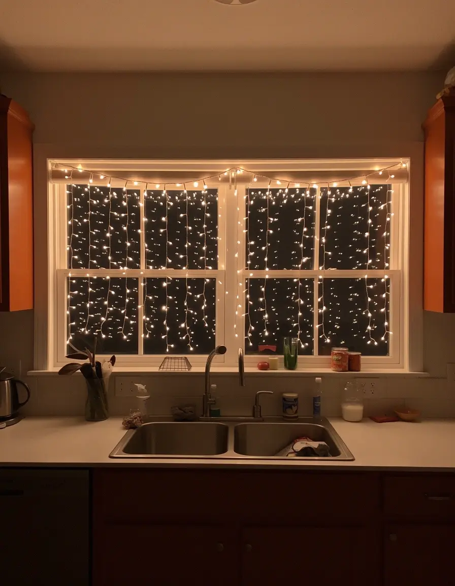 Dekorative Lichterkette am Küchenfenster für Gemütlichkeit
