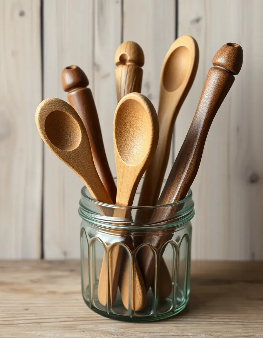 Rustikales Holz-Löffel-Set in einem Glasbehälter für die Landhaus Küche