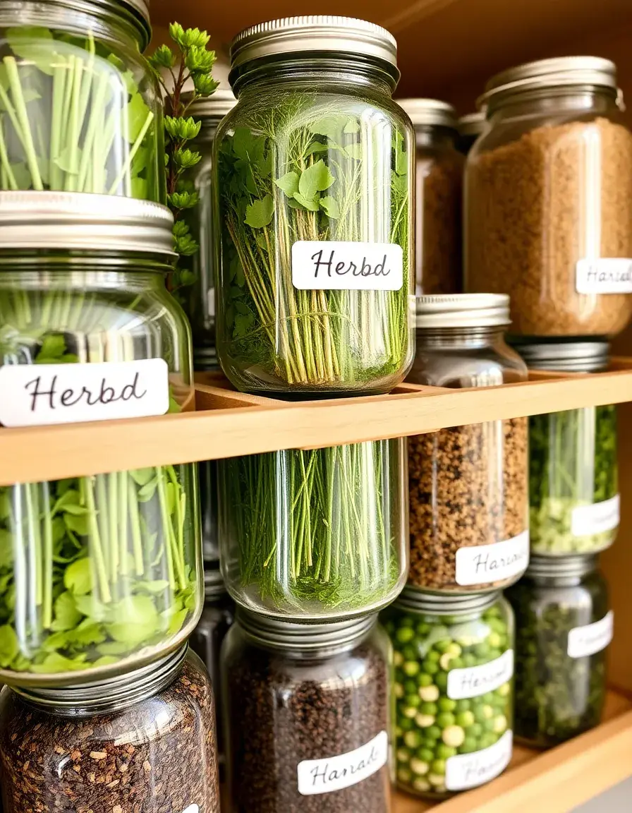 Mason Jar Organizer Regal mit beschrifteten Gewürzgläsern