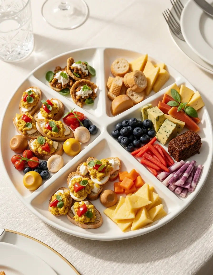 Mezze Plate Divider präsentiert verschiedene Vorspeisen der Levante Küche stilvoll