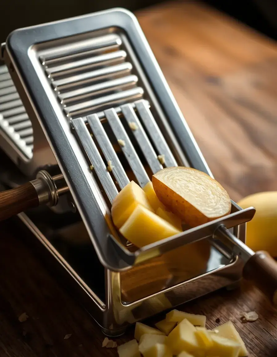 Verstellbare Mandoline für die Küche aus Edelstahl beim Schneiden von Kartoffeln