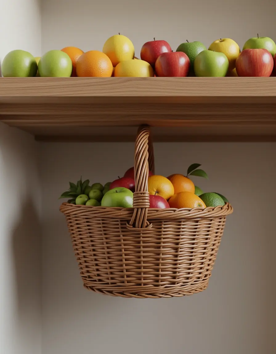 Hängekorb unter dem Regalboden für Obst oder Tücher