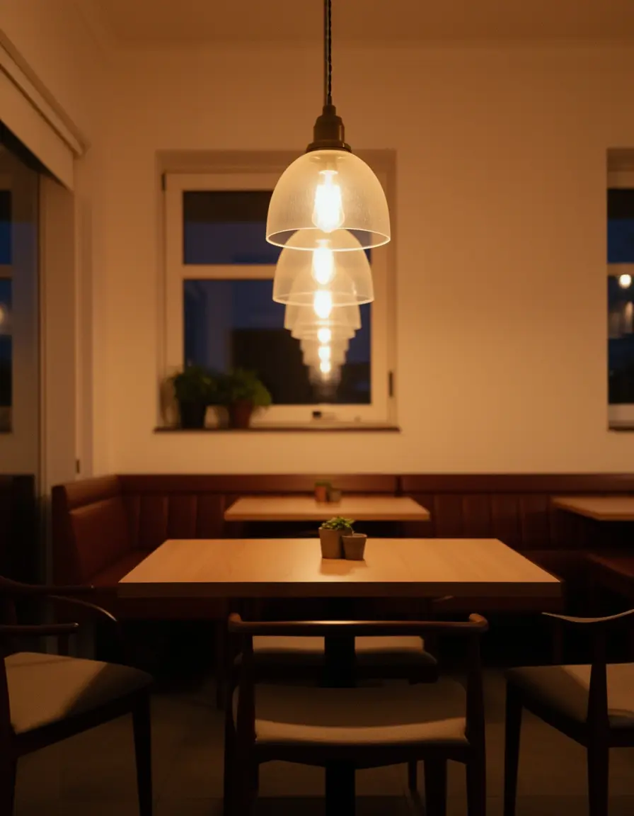 Moderne Hängelampe mit warmem Licht über der Essecke
