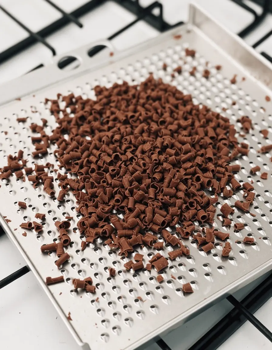 Topping Grater raspelt Schokolade über den fertigen Kuchen