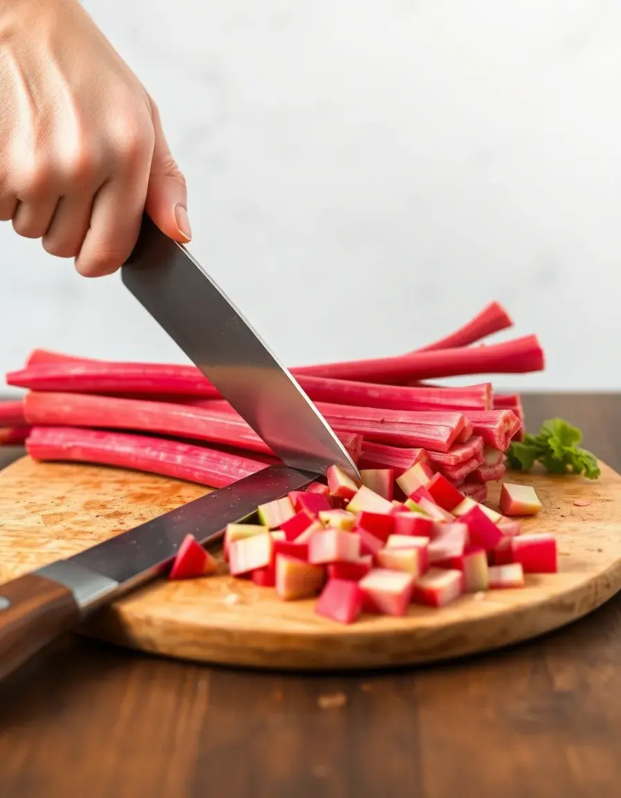 Präzises Messer schneidet pinke Rhabarberstangen auf Holzbrett