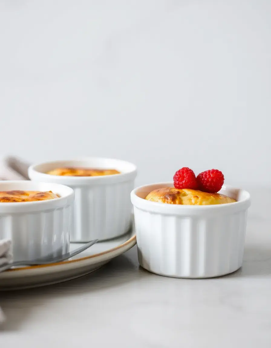 Weiße Keramik Soufflé-Förmchen auf einem Küchentisch