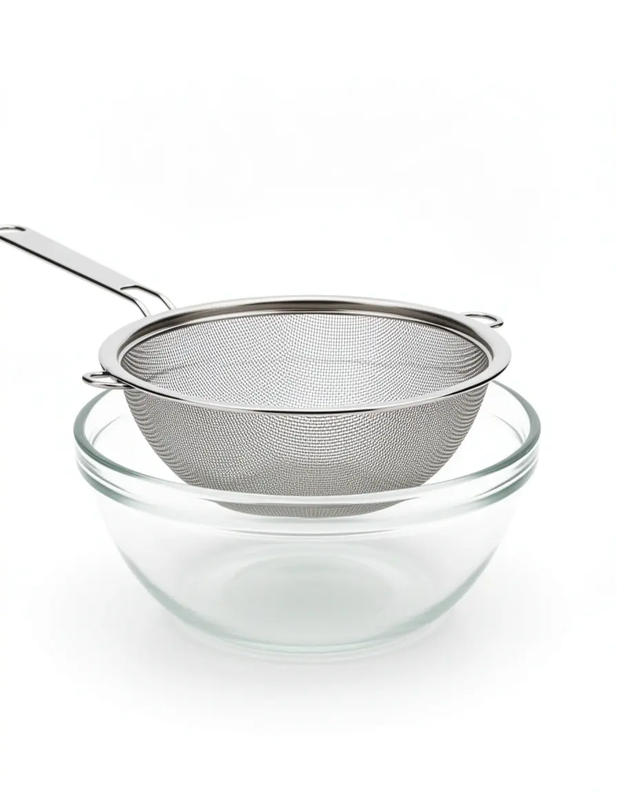 Edelstahl Joghurt Sieb über einer Glasschüssel für cremigen Joghurt