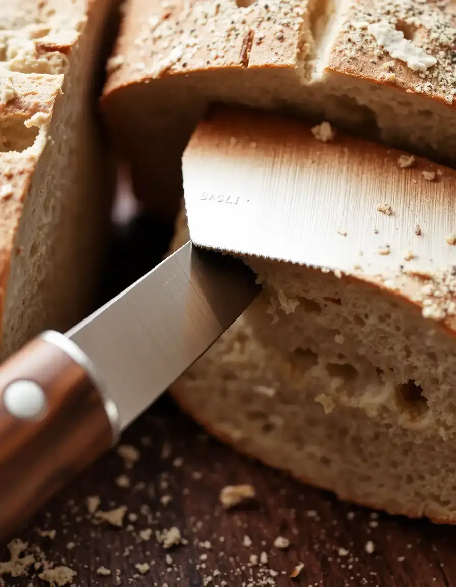 Brotmesser mit Wellenschliff schneidet eine Kuchenscheibe ab