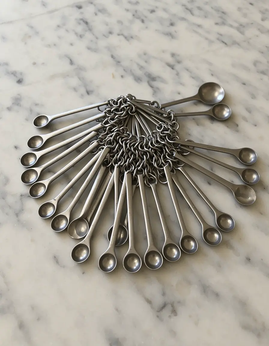 Set aus Metall-Messlöffeln auf Marmor
