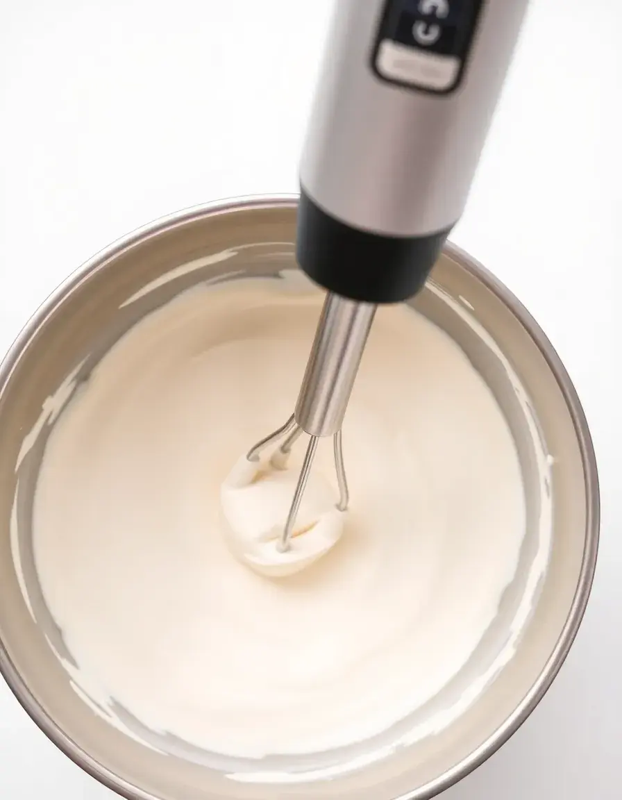 Kabelloser Stabmixer mit Edelstahlklinge in einer Schüssel mit Creme