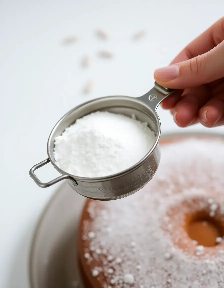 Mehlsieb aus Metall mit Kurbelgriff beim Bestäuben eines Kuchens
