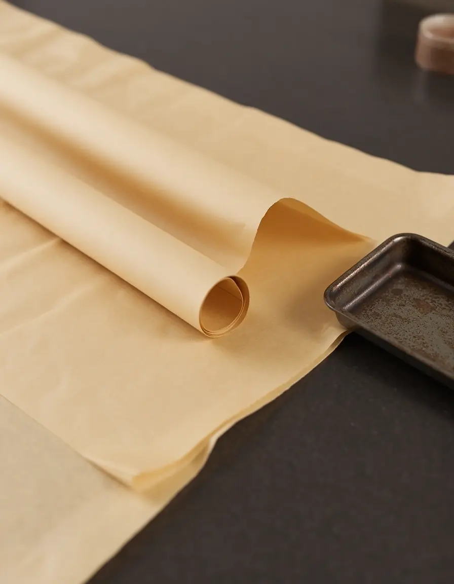 Leicht abgerollte Rolle Backpapier neben einem Backblech