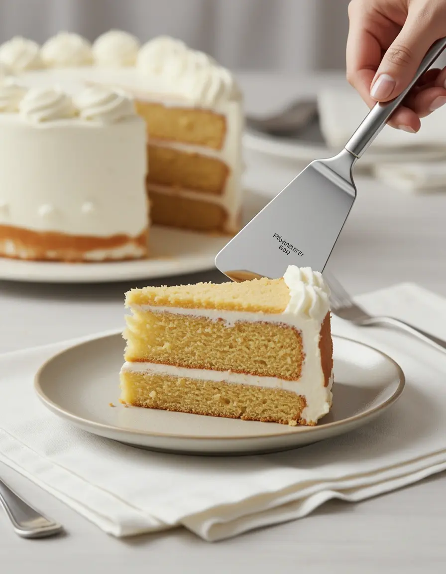 Tortenheber aus Edelstahl hebt ein Stück Kuchen an