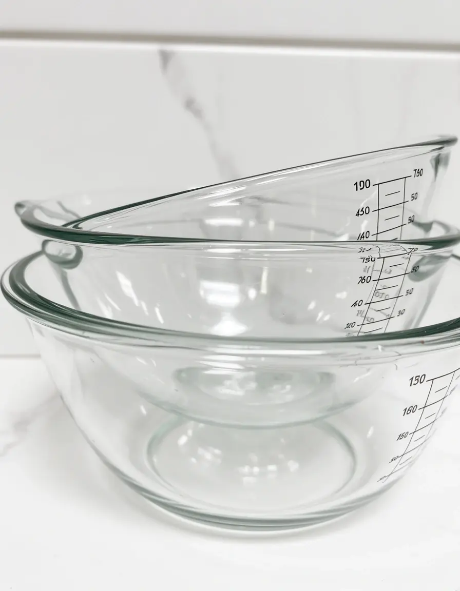 Set aus stapelbaren Glasschüsseln mit Messmarkierungen