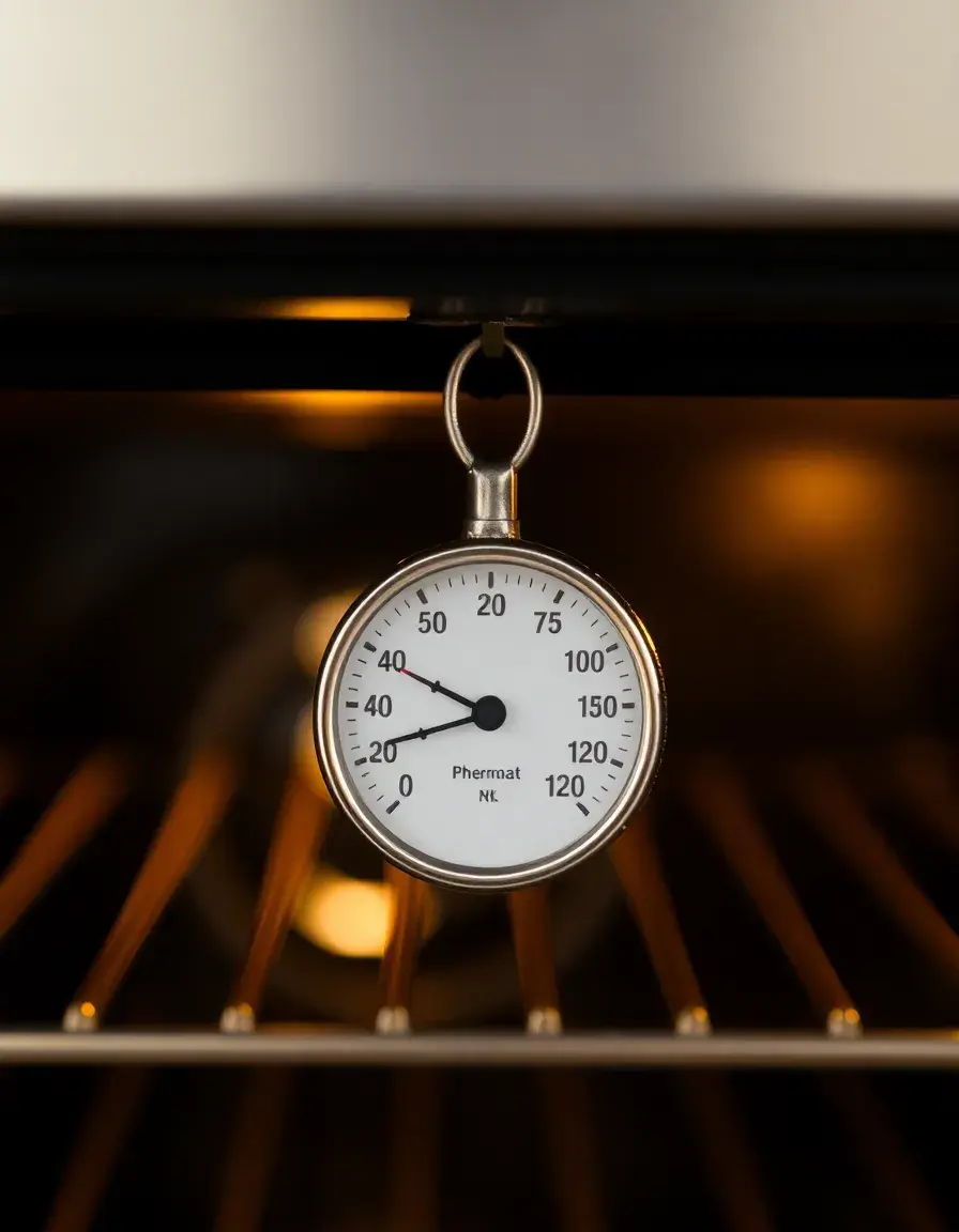 Backofenthermometer im Inneren eines Ofens zeigt die Temperatur an