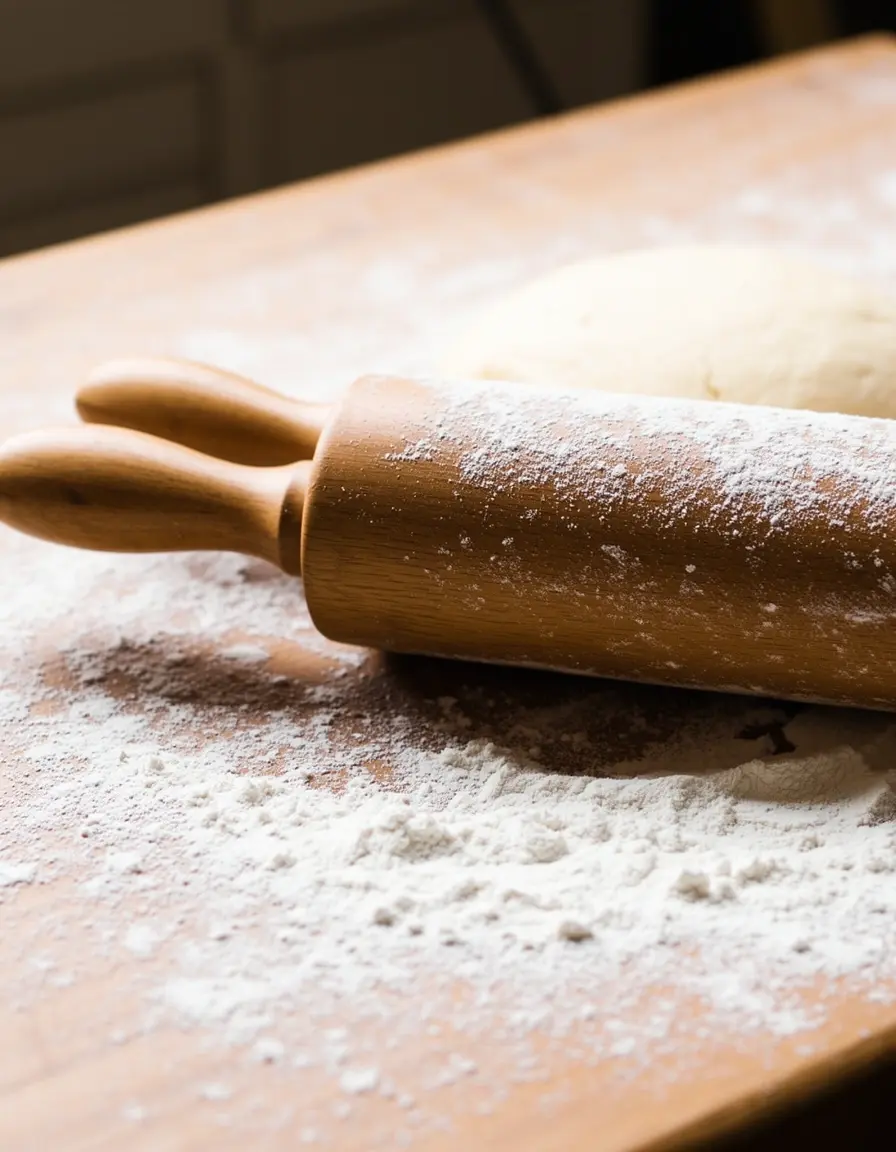 Klassisches Nudelholz aus Holz mit Mehl bestäubt neben Teig