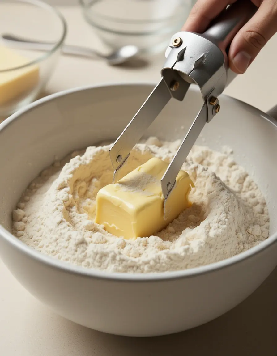 Teigmischer aus Metall arbeitet Butter in Mehl ein