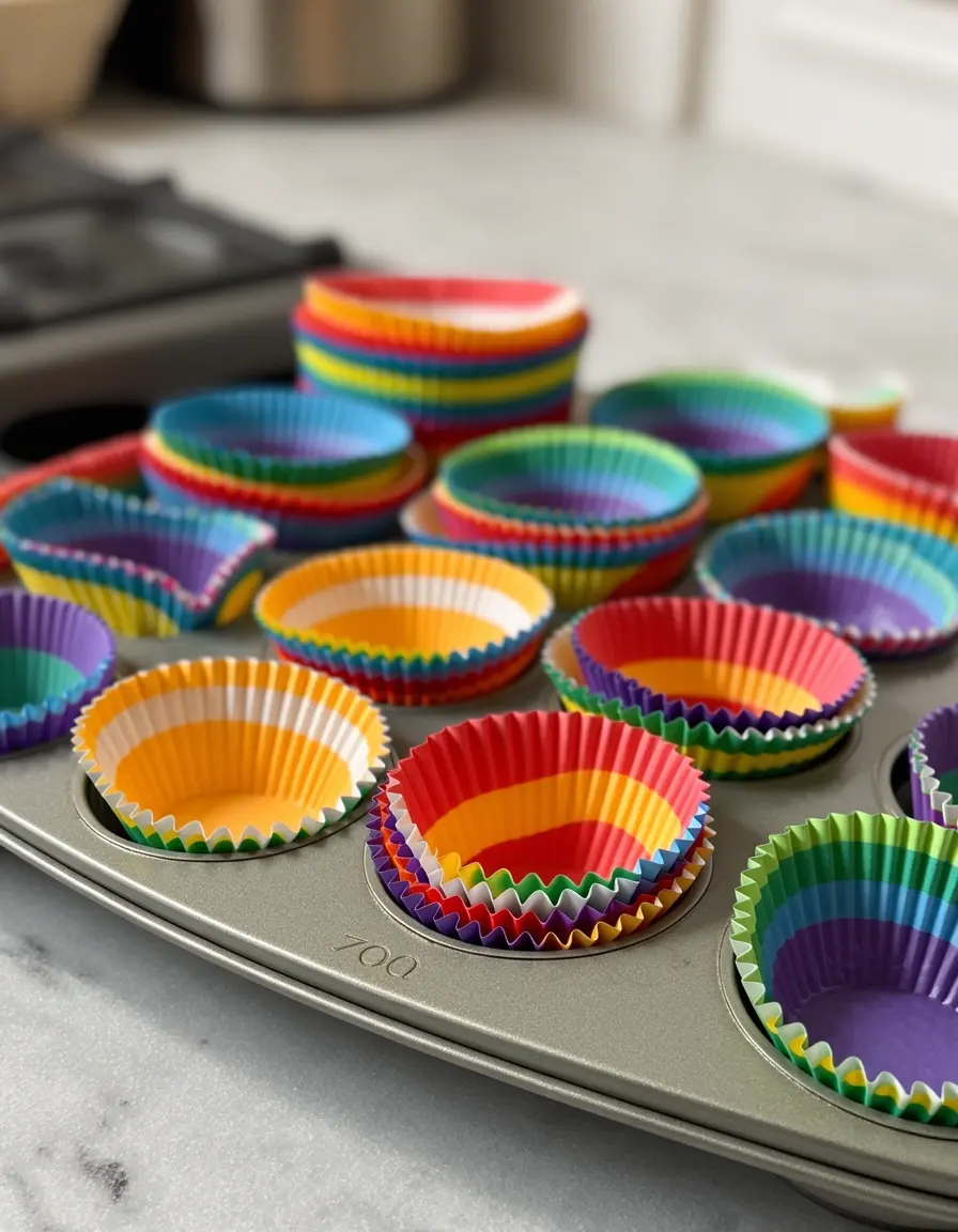 Bunte Cupcake-Förmchen aus Papier in Regenbogenfarben