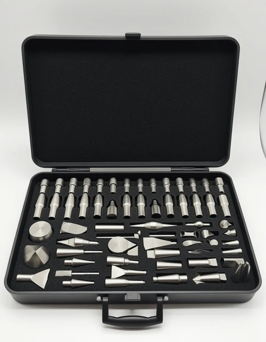 Set mit verschiedenen Spritztüllen aus Metall in einer Box