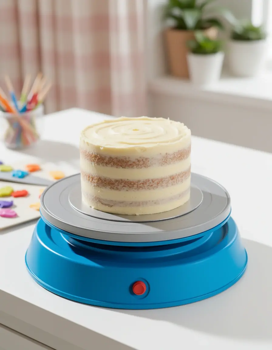 Drehbarer Tortenständer aus Kunststoff mit Kuchen
