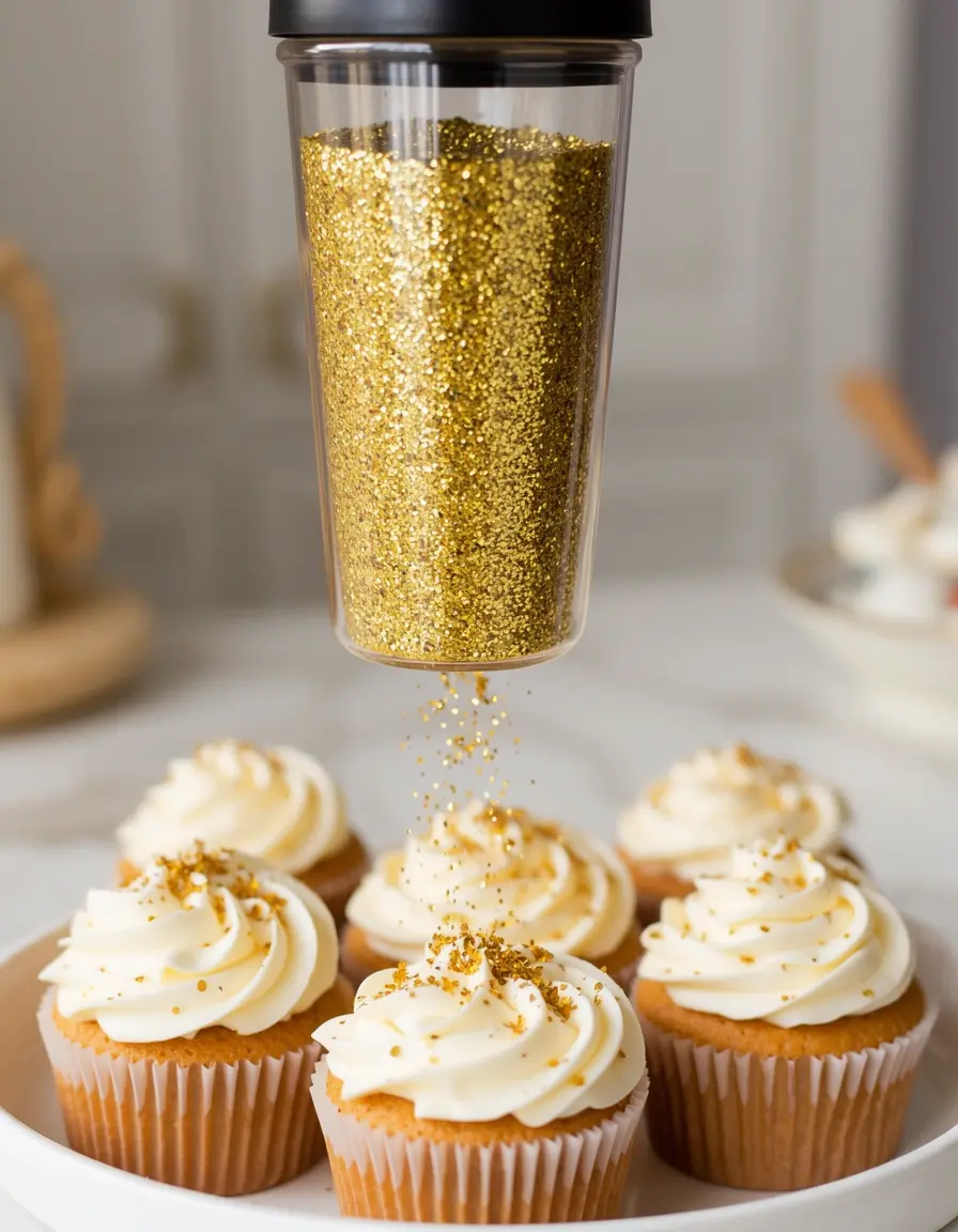 Dose mit essbarem Goldglitzer wird über Cupcakes gestreut