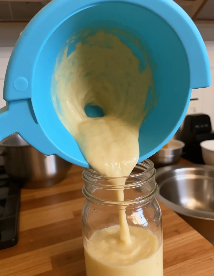 Breiter Einfülltrichter füllt Teig sauber in ein Glas
