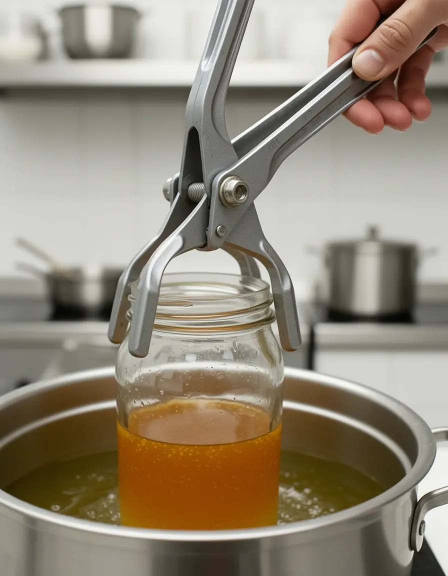 Metall-Glasheber hebt heißes Glas aus einem Topf