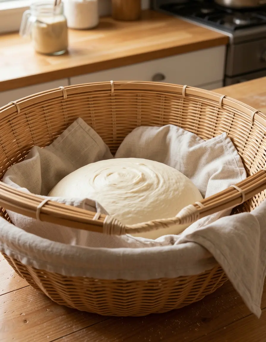 Gärkorb aus Rattan mit Stoffeinlage und aufgehendem Teig