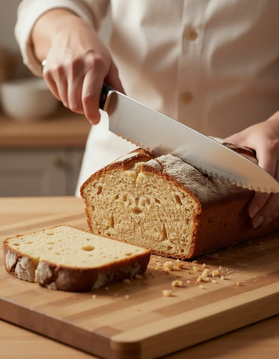 Langes Messer mit Wellenschliff schneidet saubere Scheiben vom Kuchen
