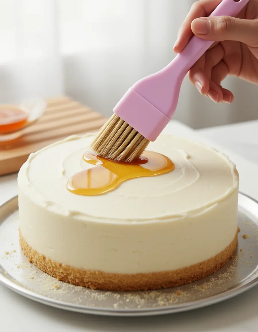 Silikonpinsel trägt Glasur auf einen fertigen Kuchen auf