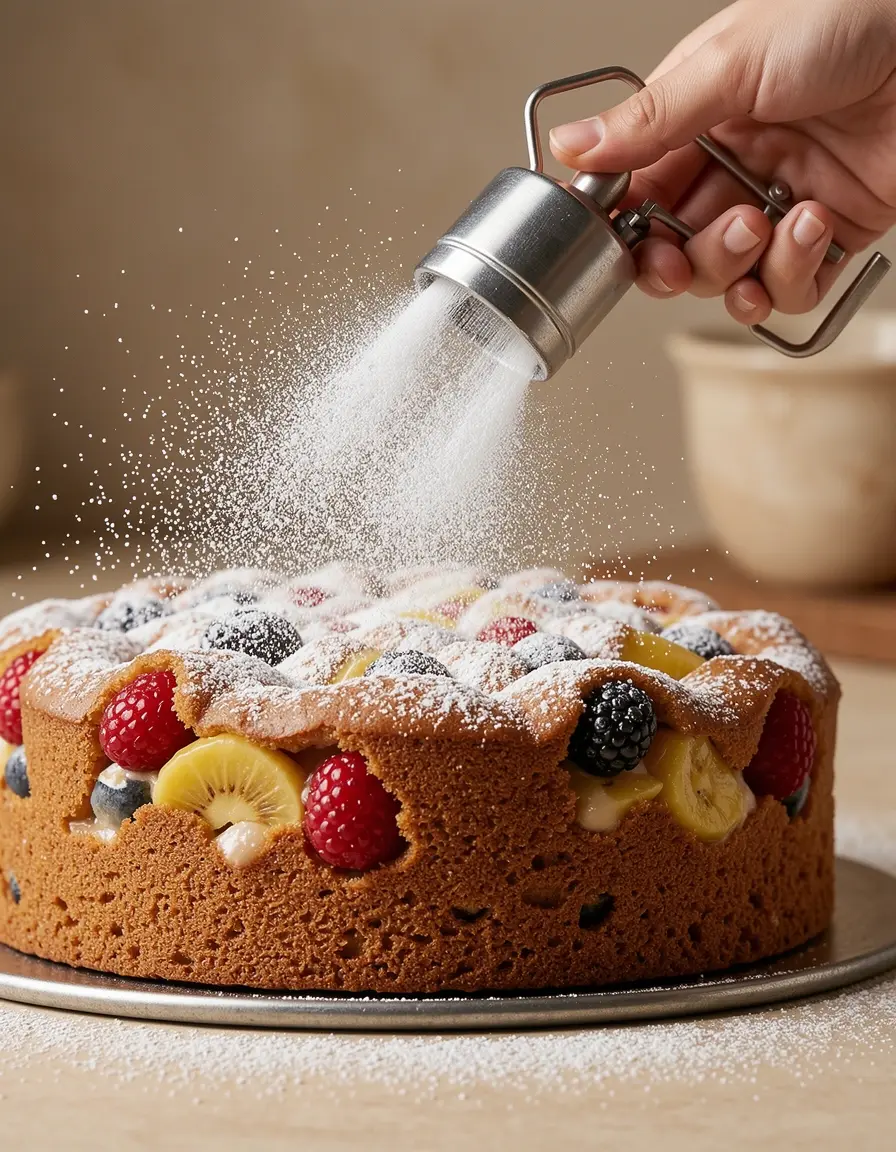 Puderzucker-Streuer mit Handkurbel über einem Obstkuchen