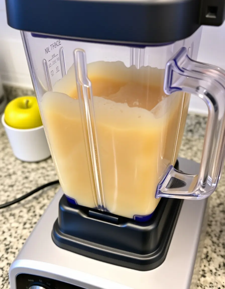 Standmixer mit Glasbehälter püriert frisches Apfelmus