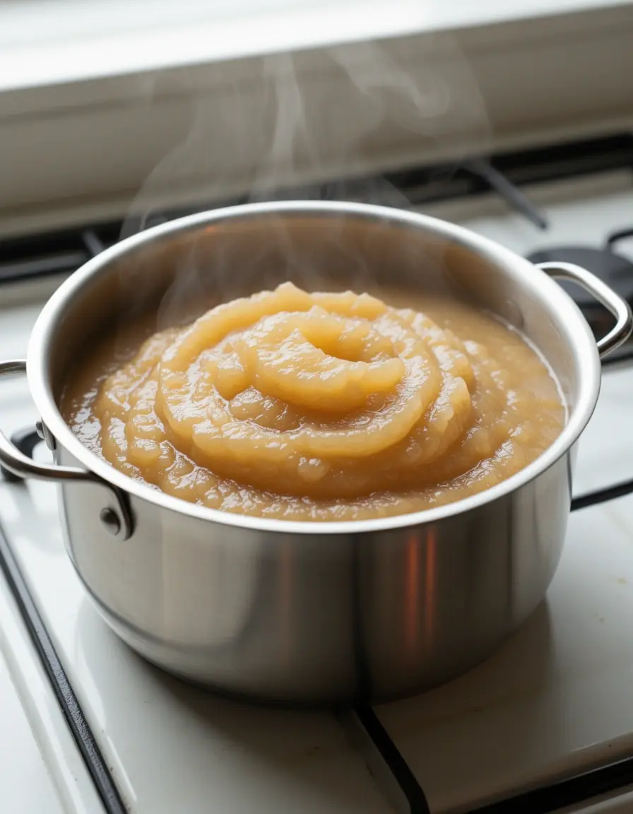 Kleiner Edelstahltopf in dem Apfelmus sanft vor sich hin köchelt