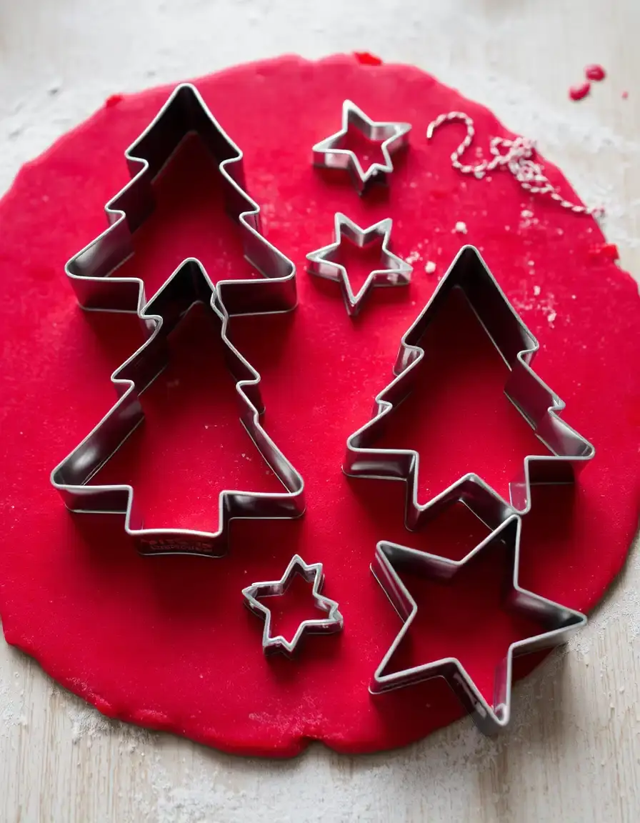 Metall Ausstechformen Set für Weihnachten mit Tannenbäumen und Sternen auf rotem Teig