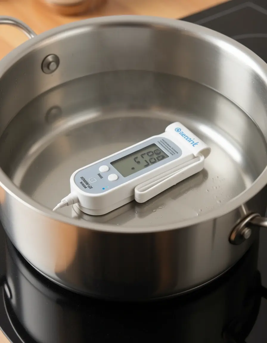 Digitales Wassertemperatur-Messgerät an einem Topf angebracht