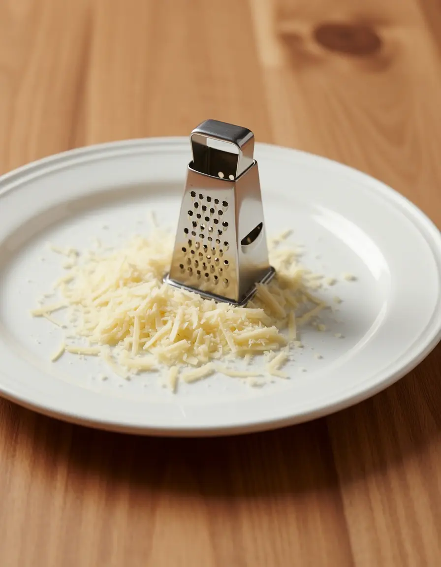 Kleine Handreibe für Käse über einem Teller