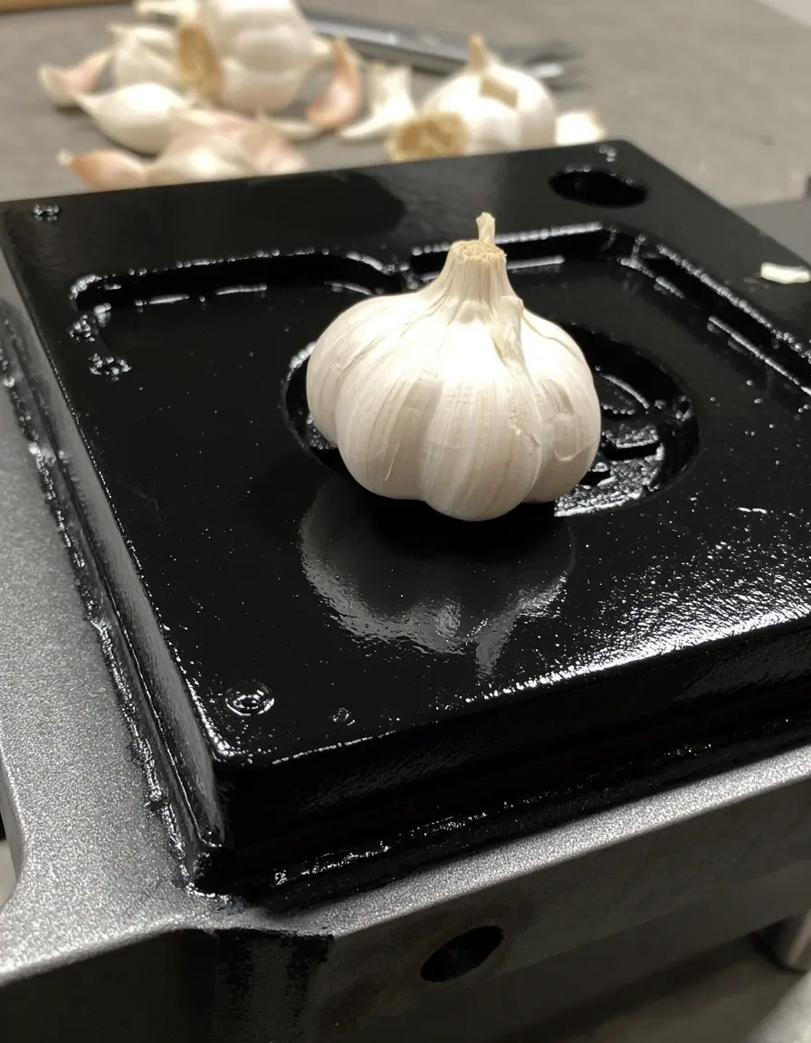 Schwarze Knoblauchpresse aus Aluminium mit frischen Zehen