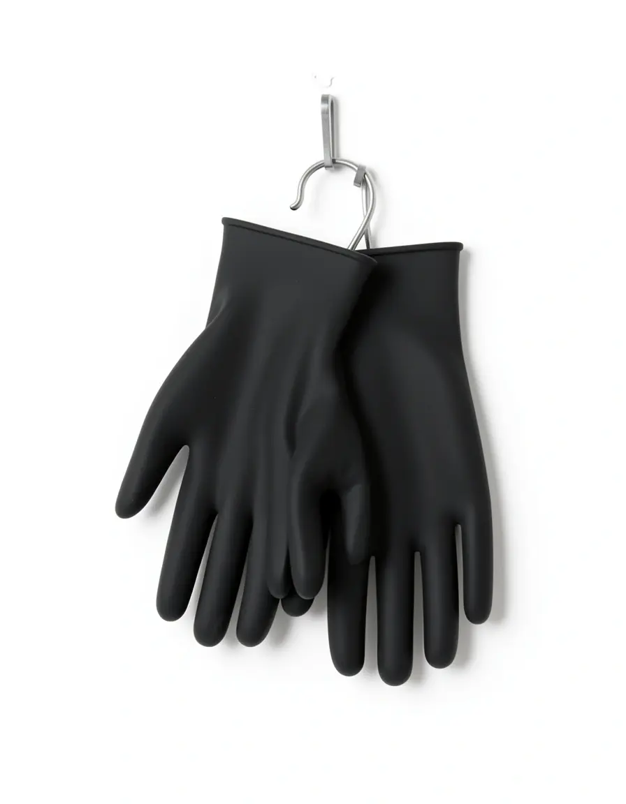 Paar schwarze Silikon-Ofenhandschuhe an einem Haken