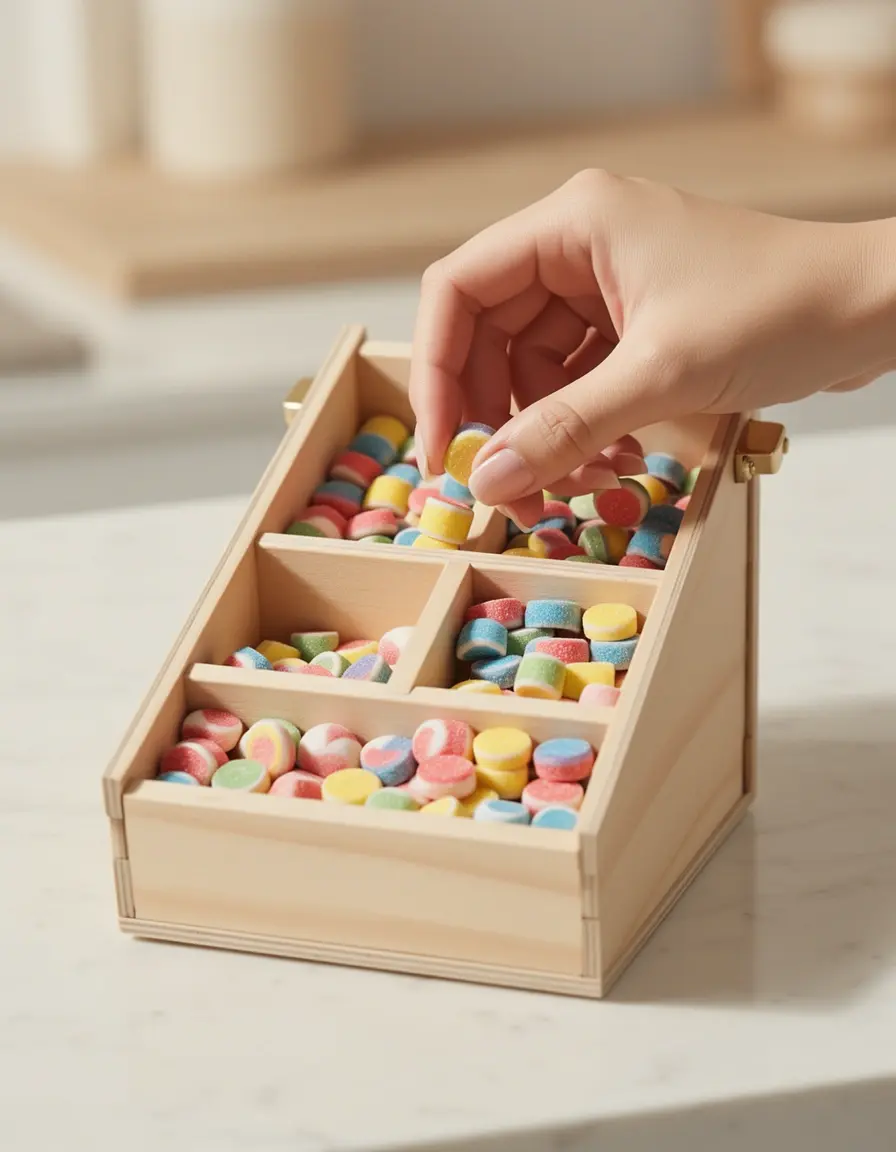 Präzisions-Greifer für kleine Süßigkeiten auf einem Smarties Kuchen