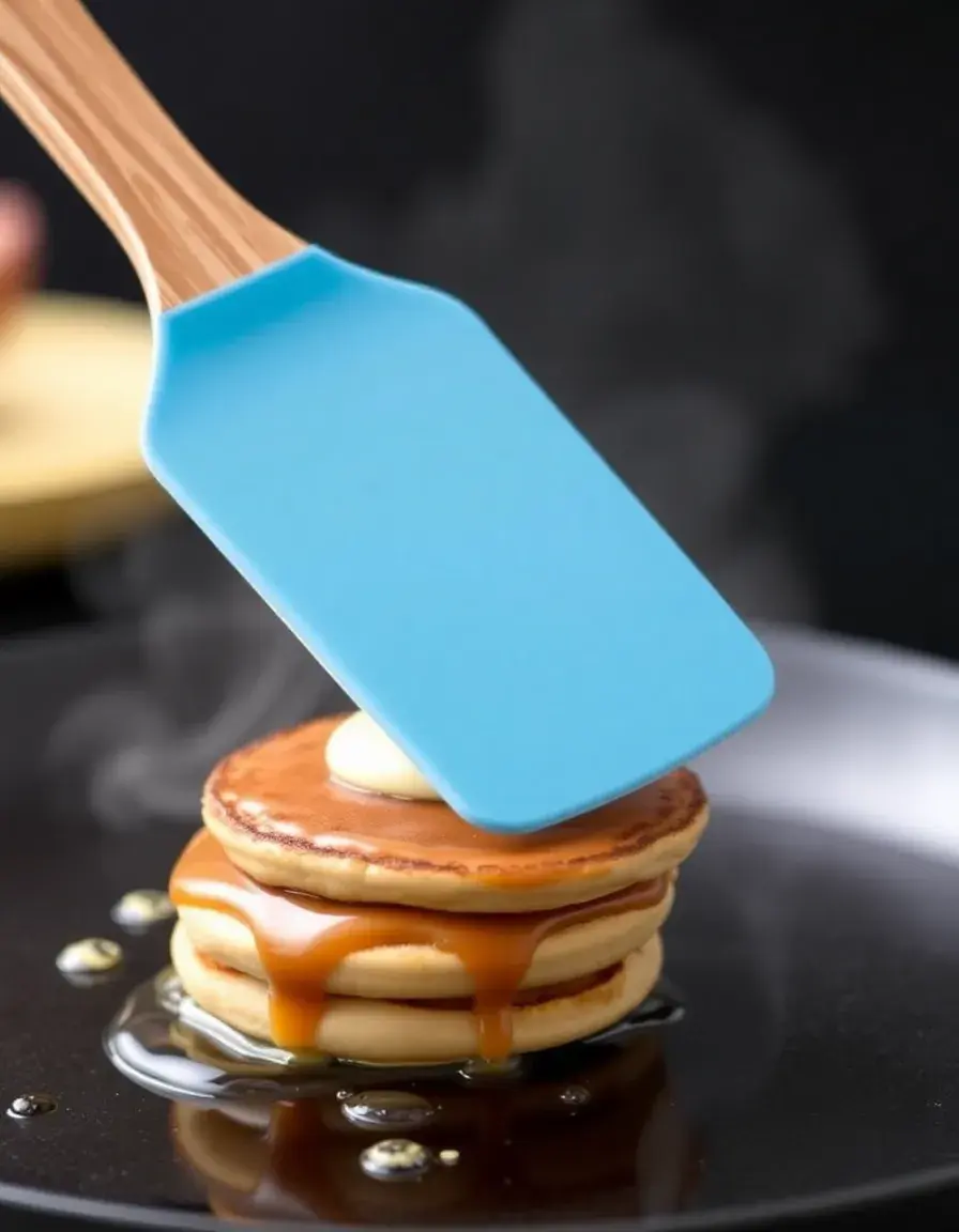 Hitzebeständiger Silikonspatel blau mit Holzgriff beim Wenden von Pfannkuchen