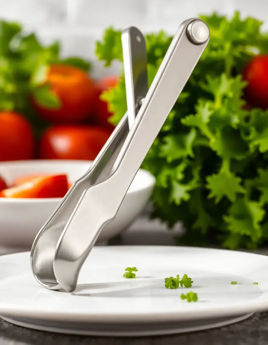 Edelstahl-Küchenzange greift frischen Salat