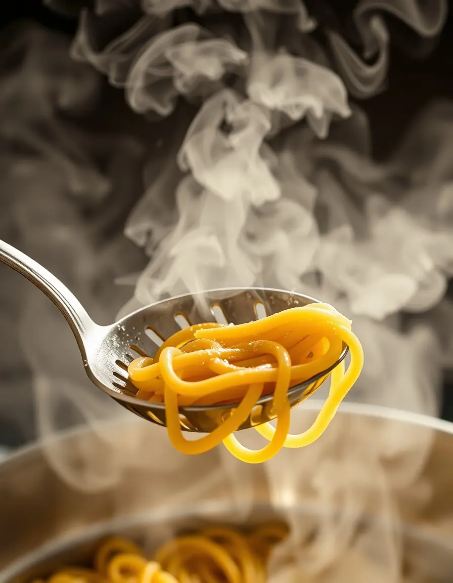 Schaumlöffel aus Metall hebt Pasta aus dampfendem Wasser