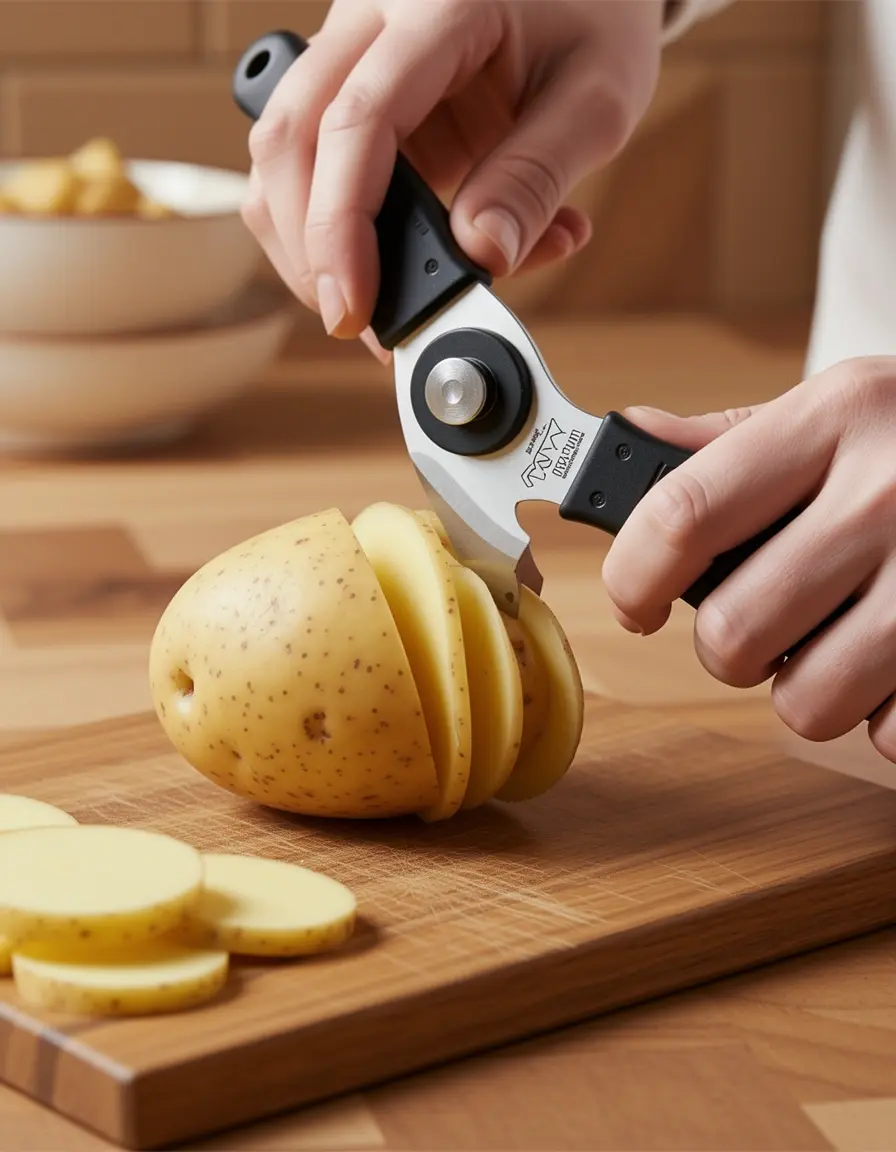 Ergonomischer Sparschäler schält eine Kartoffel