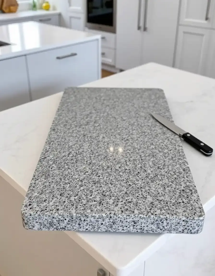 Dicke Granit-Schneidebrett auf einer modernen Kücheninsel mit Messer daneben