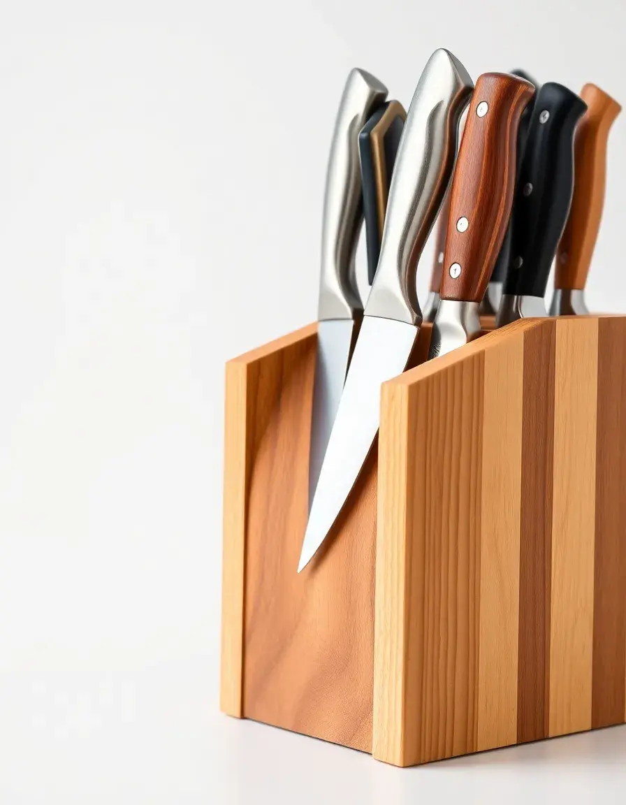 Messerblock aus Holz auf weißem Hintergrund für die Organisation der Arbeitsplatte