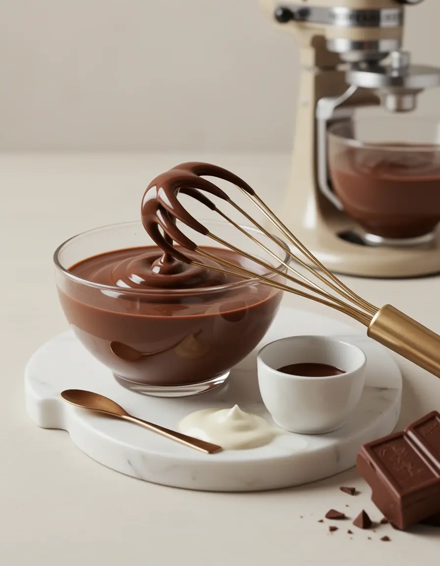 Ballonschneebesen rührt Sahne und Schokolade zu einer cremigen Ganache
