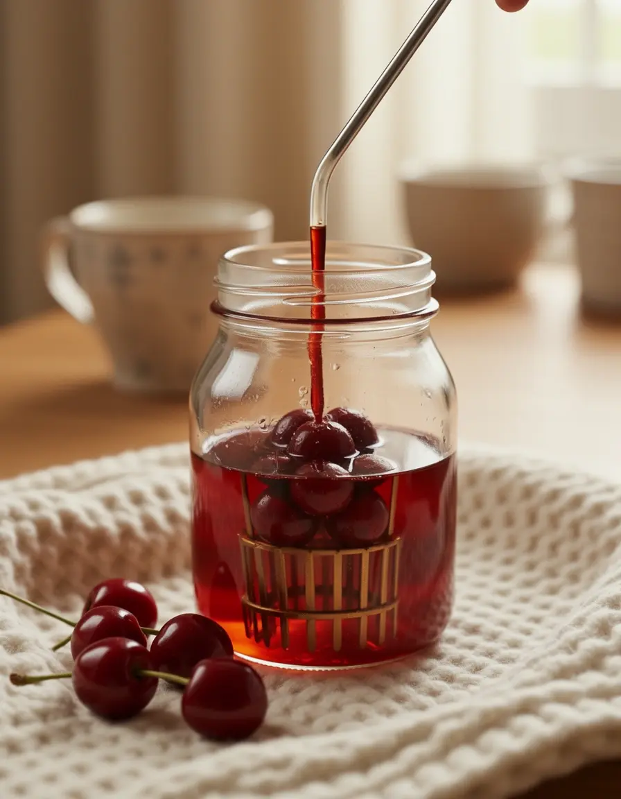 Glas-Infuser mit Kirschen, die in Sirup ziehen